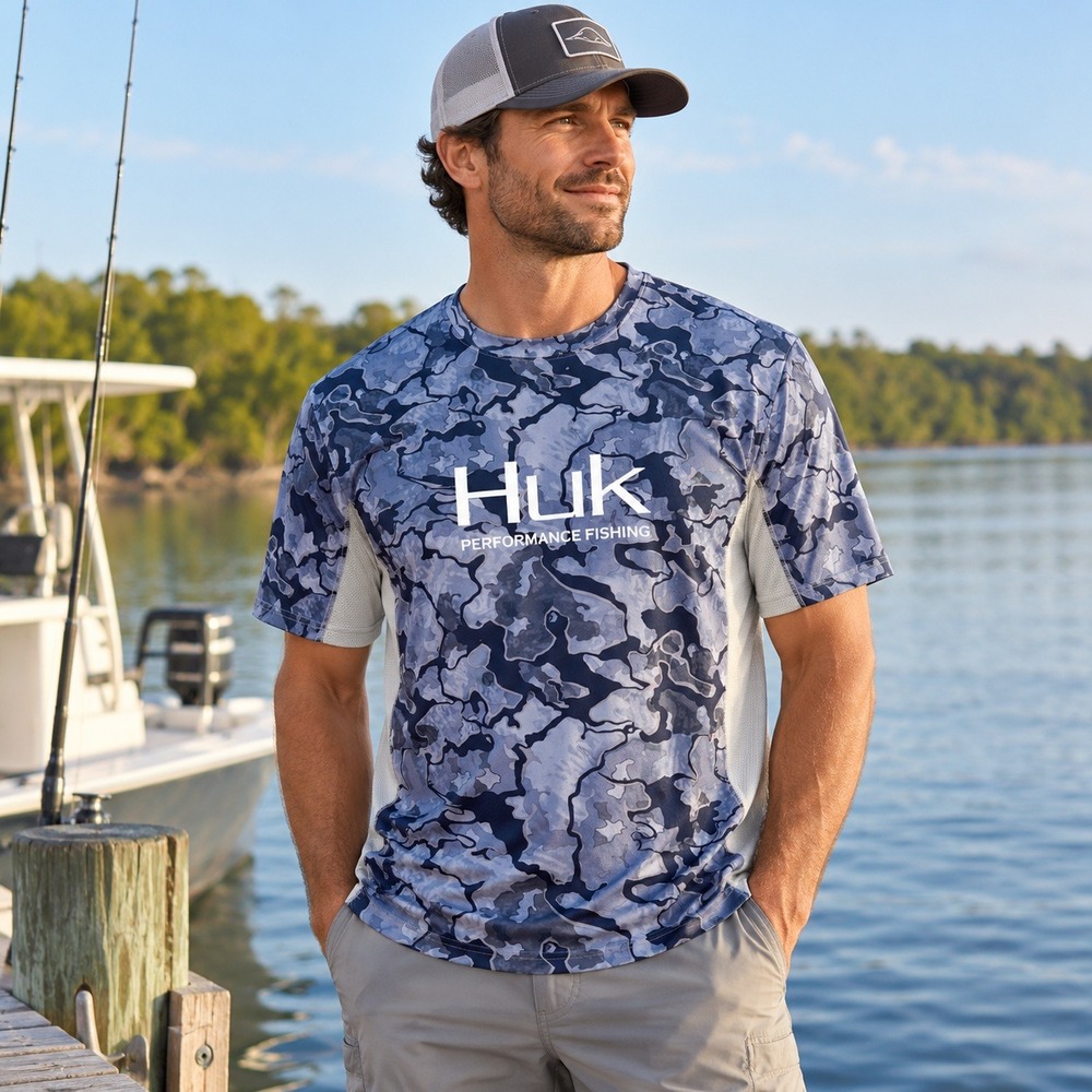 Huk Fishing Shirt Mens Performance Camo Short Sleeve Activewear Blue Grey XL